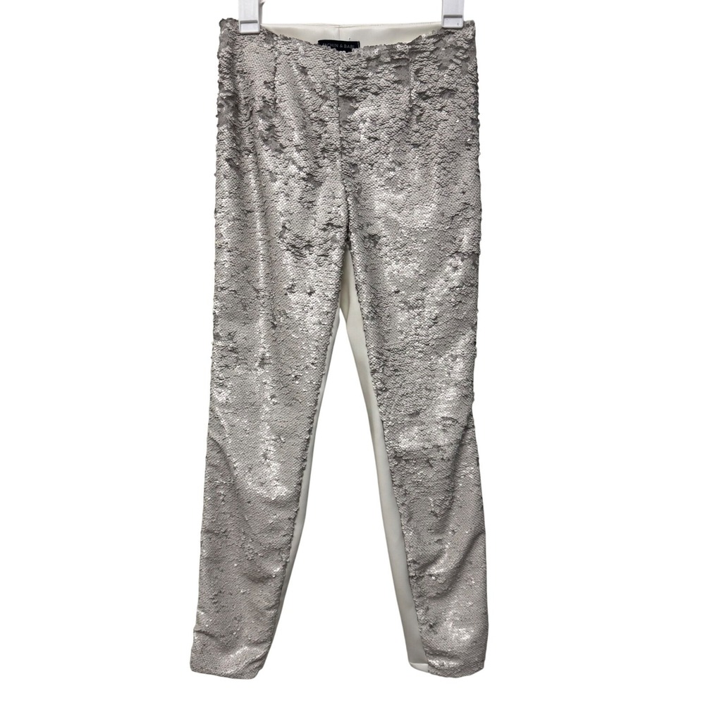 Sachin & Babi Silver Sequin Faux Leather Skinny Pants White Size 4